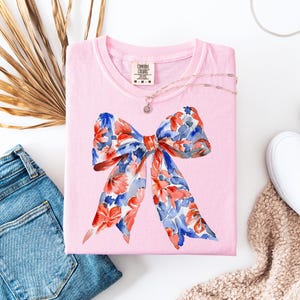 4th of July Floral Coquette Bow Shirt, Floral Independence Day Shirt, Patriotic Shirt, Gift for Bestie, Fourth of July Gift for Her