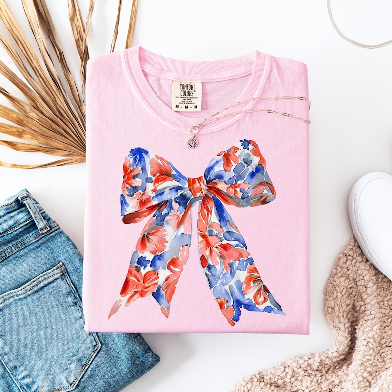 4th of July Floral Coquette Bow Shirt, Floral Independence Day Shirt, Patriotic Shirt, Gift for Bestie, Fourth of July Gift for Her