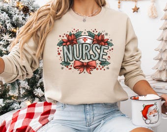Nurse Christmas Sweatshirt, Gildan Floral Holiday Medical Pullover Festive Hospital Gift