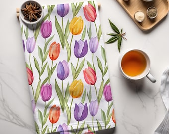 Spring Tulip Kitchen Tea Towel, Decorative Floral Towel, Cotton Tea Towel, Housewarming Gift,  Gift for Her, Mother's Day Gift, Hostess Gift
