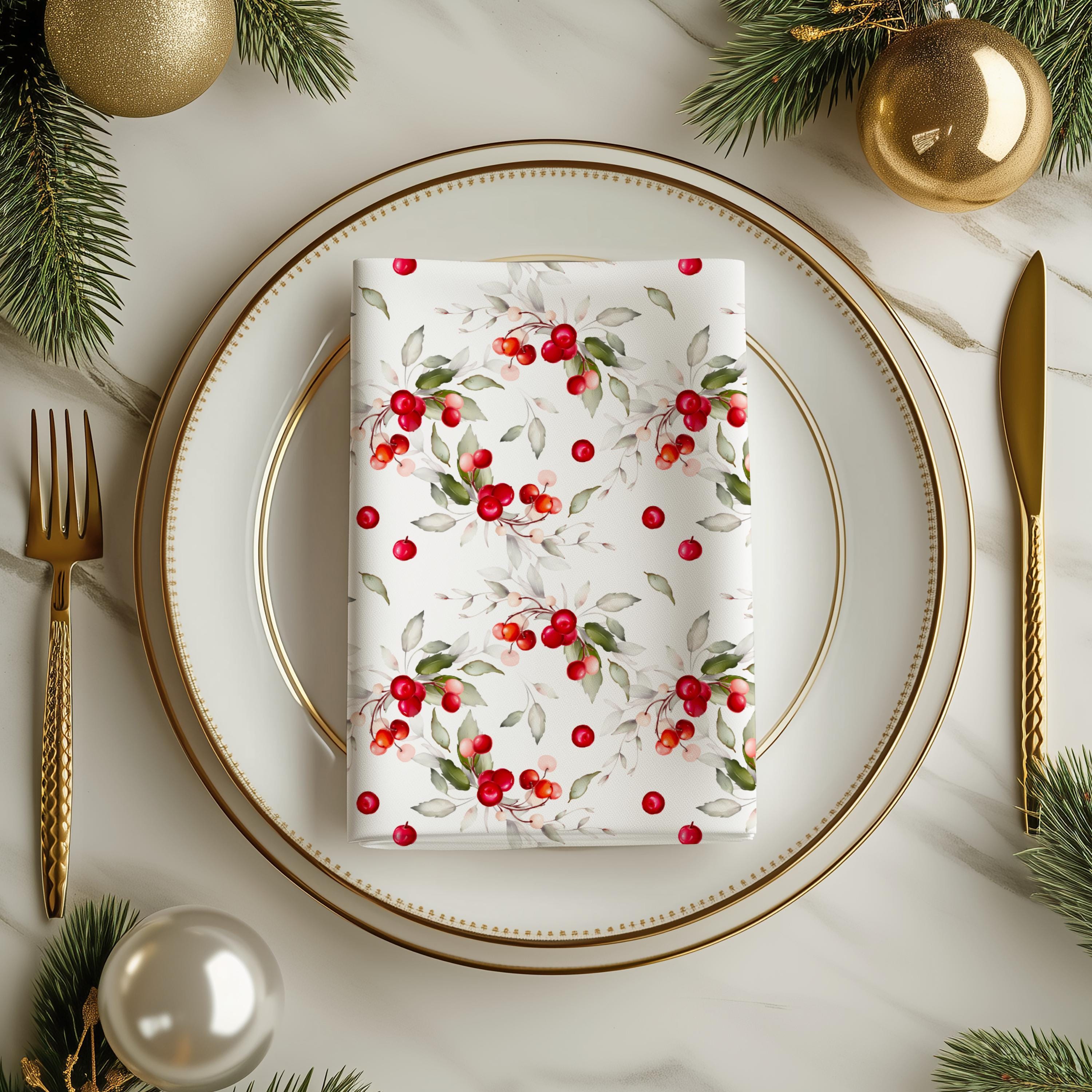 Handmade Floral Berry Print Cotton Napkins - 18x18 Inches - Set Of Table Linens