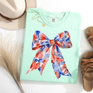 4th of July Floral Coquette Bow Shirt, Floral Independence Day Shirt, Patriotic Shirt, Gift for Bestie, Fourth of July Gift for Her