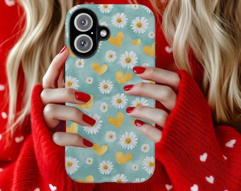 Funda para teléfono con corazón y margaritas de San Valentín para iPhone 17 Pro, Pixel, Samsung, regalo de San Valentín