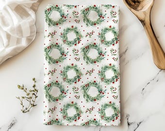 Christmas Wreath Tea Towel, Holiday Decorative Kitchen Decor, Seasonal Housewarming Gift