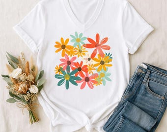 Camisa floral retro con cuello en V / Camiseta de lona Bella con flores silvestres, regalo de cumpleaños de primavera para ella
