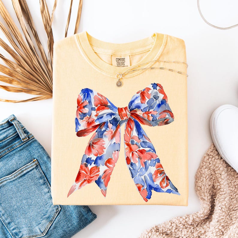 4th of July Floral Coquette Bow Shirt, Floral Independence Day Shirt, Patriotic Shirt, Gift for Bestie, Fourth of July Gift for Her