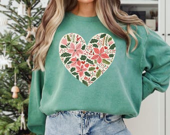 Christmas Floral Heart Sweatshirt, Comfort Colors® Holiday Pullover, Christmas Shirts for Women, Holiday Sweater