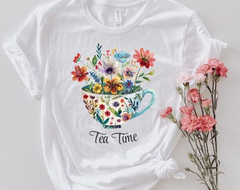 Floral Tea Cup Shirt, Bella Canvas Wildflower Tea Lover Gift