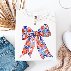 4th of July Floral Coquette Bow Shirt, Floral Independence Day Shirt, Patriotic Shirt, Gift for Bestie, Fourth of July Gift for Her