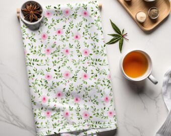 Pink Roses Cotton Twill Kitchen Towel, Floral Hostess Gift