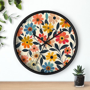 Retro Floral Wall Clock, Wildflowers Decorative Kitchen Clock, Office Wall Clock, Floral Home Decor, Gift for Her