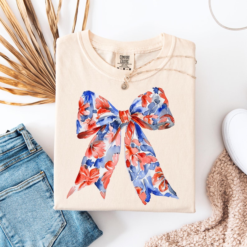 4th of July Floral Coquette Bow Shirt, Floral Independence Day Shirt, Patriotic Shirt, Gift for Bestie, Fourth of July Gift for Her