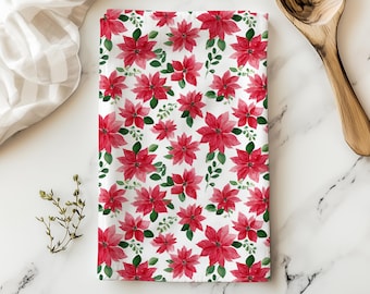 Christmas Poinsettia Tea Towel, Holiday Decorative Kitchen Decor, Seasonal Housewarming Gift