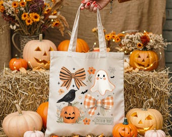Halloween Trick or Treat Tote Bag: Autumn Floral Pumpkin Design
