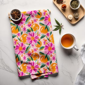 Artsy Orange and Dahlai Tea Towel, Decorative Kitchen Towel, Cotton Tea Towel, Housewarming Gift, Gift for Her, Hostess Gift