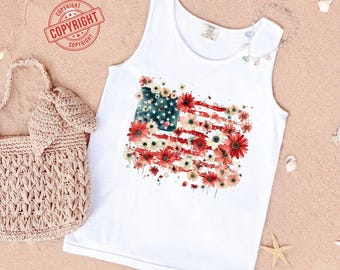 Floral American Flag Tank Top, Comfort Colors® 4th of July Unisex Tank