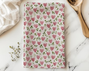 Valentines Hearts Eucalyptus Tea Towel, Decorative Spring Cotton Twill Kitchen Towel, Hostess Sweetheart Gift