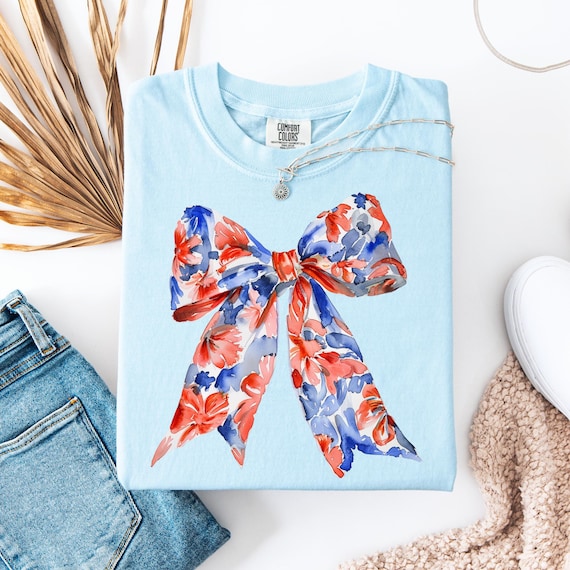 Coquette 4th of July Shirt, Floral Bow USA Tee, Cute Patriotic Top for Women, Independence Day Gift for Her, Bestie July 4 Outfit