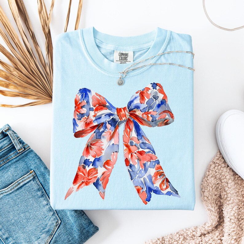 4th of July Floral Coquette Bow Shirt, Floral Independence Day Shirt, Patriotic Shirt, Gift for Bestie, Fourth of July Gift for Her