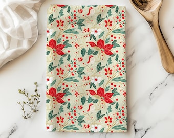 Floral Bird Christmas Tea Towel: Holiday Kitchen Decor