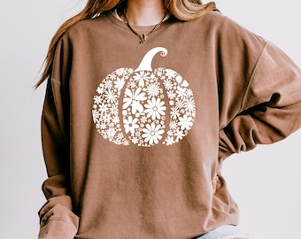 Sudadera Floral Pumpkin, Camisa ligera de otoño Comfort Colors® para mujer, Regalo de Halloween