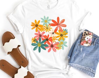 Retro Floral Shirt, Bella Canvas Floral Tshirt, Wildflowers Botanical Shirt, Boho Floral Tee, Gift for Her, Gift for Bestie