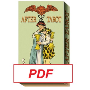 May include: A green and gold tarot deck box with the words "After Tarot" printed on the front. The box features an illustration of two people embracing, holding golden chalices.