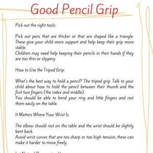 May include: A white background with the text "Good Pencil Grip" in red. The text provides tips on how to hold a pencil correctly, including the tripod grip, and the importance of wrist position. Colorful pencils are at the bottom.