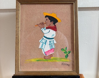 Vintage 1960's Mexican Folk Art | Acrylic on Burlap | 8x10" | Signed, "Alvarez"