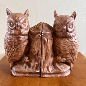Set of 2 Vintage MCM 1970's Hand Painted Brown Ceramic Owl Book-Ends | 6" Tall