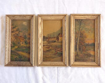 Zestaw 3 antycznych oprawionych litografii | Lata 40. i 50. XX wieku, przedstawiający rustykalne sceny z XIX wieku