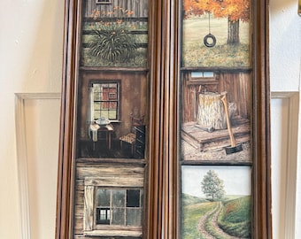 Lot de 2 estampes Bruce Mitchell des années 1970 | « Ferme d'automne » et « Récolte d'automne » | 7x25"