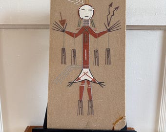 Vintage Navajo-zandkunst | 'Yei', door David V. Lee | Gesigneerd