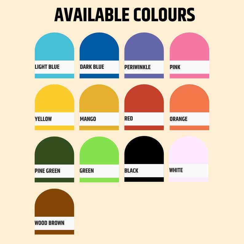 以下が含まれることがあります： 「AVAILABLE COLOURS」のテキストが入ったカラーパレットのグラフィック。パレットには、ライトブルー、ダークブルー、ペリウィンクル、ピンク、イエロー、マンゴー、レッド、オレンジ、パイングリーン、グリーン、ブラック、ホワイト、ウッドブラウンが含まれています。