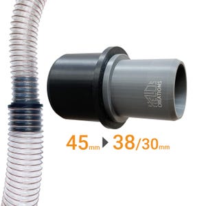 May include: A black and grey plastic hose adapter with the text "HELIOS CREATIONS". It connects to a clear, flexible hose. The text "45mm > 38/30mm" is visible. The adapter measurements are 4.5cm, 3.8cm, and 3cm.