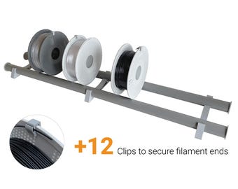 Estante de almacenamiento de filamentos para impresoras 3D: organizador de carretes, capacidad para 12 carretes estándar, incluye clips de filamento gratuitos.