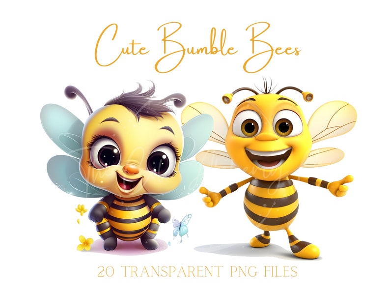 Cute Cartoon Bumble Bee Clipart 20 High Quality Transparent PNGs Commercial Use Digital Download image 1