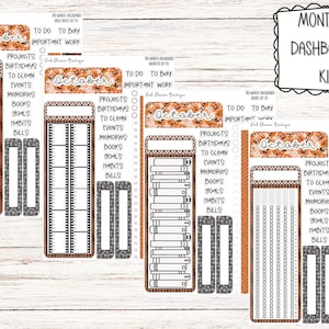 May include: A set of four monthly dashboard planner sticker sheets featuring autumn-themed headers with pumpkins and leaves. Each sheet includes sections for projects, birthdays, to-do lists, and habit trackers with black, white, and orange patterns.