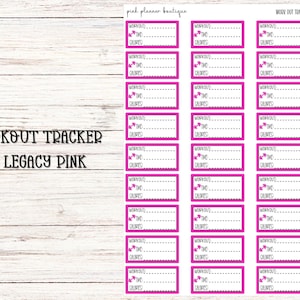 May include: A sheet of rectangular workout tracker stickers with pink borders. Each sticker features the text Workout, Time, and Calories with dotted lines for writing. The top of the sheet reads pink planner boutique and WORK OUT TRACKER.