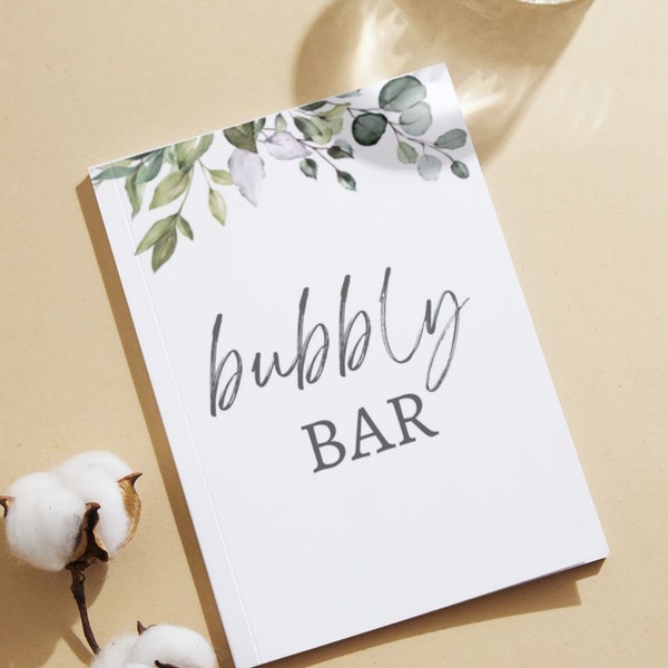 Greenery Bubbly Bar Sign, Bridal Shower sign, Birthday Sign, Eucalyptus sign, Mimosa Bar sign, Champagne Bar Sign