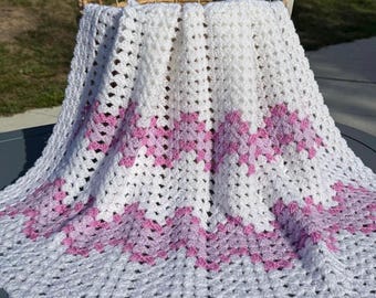 Handmade Baby Blanket Crochet - Newborn Gift or 1st Birthday Present - White & Purple Afghan for Baby Girl