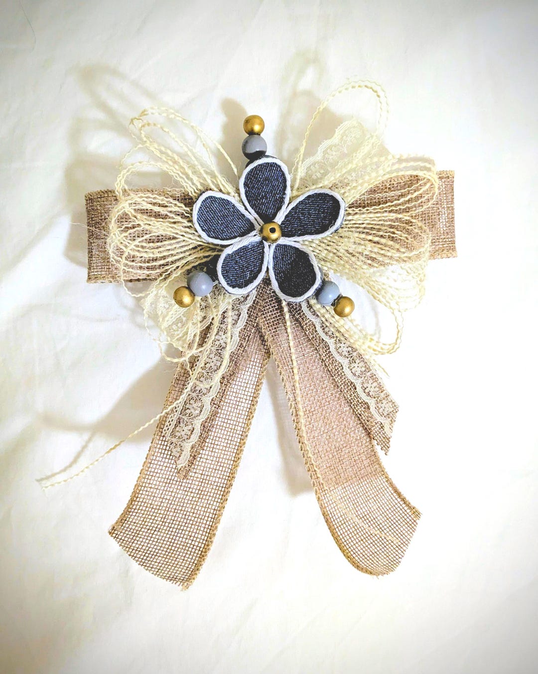 Small Rustic Bows Rustic Bow, Farmhouse Style Burlap Bow With Denim Flower - Etsy