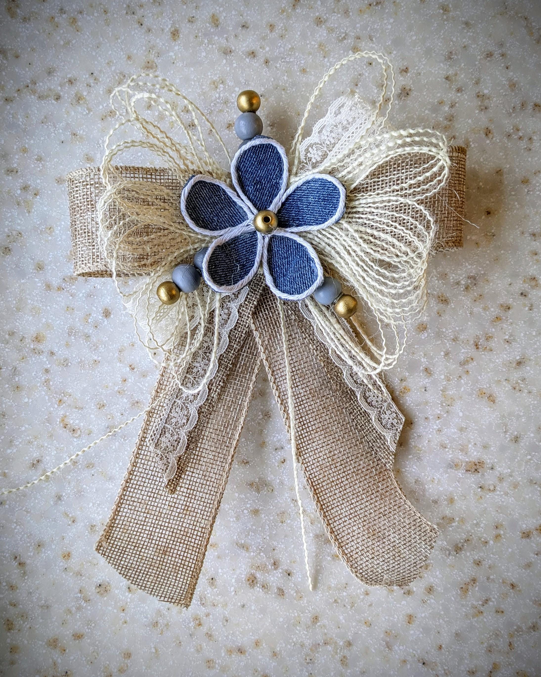 Small Rustic Bows Rustic Bow, Farmhouse Style Burlap Bow With Denim Flower - Etsy