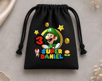 Bolsas de regalo personalizadas de Mario para cumpleaños: Bolsas de algodón personalizadas para dulces