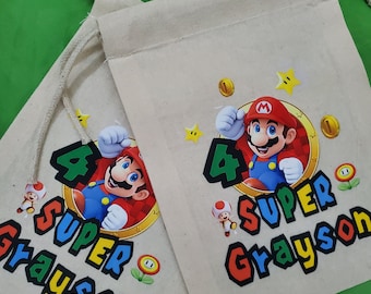Personalized Mario Birthday Favor Bags - Custom Cotton Gift Bags