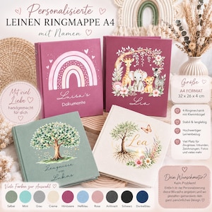 Puede incluir: Cuatro carpetas de anillas A4 de lino en varios colores, con diseños personalizados que incluyen un arcoíris, animales de safari, un árbol y una corona floral con nombres como Luisa, Lia, Lukas y Lea, con etiqueta de 32 x 26 x 4 cm.