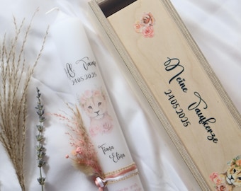 Personalized pink lion christening candle, christening candle for girls, christening candle, christening gift idea, holy christening, christening candle with dried flowers