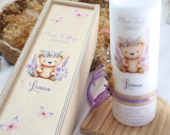 Personalized Christening Candle with Bear & Lavender Design, Christening Candle for Girls, Christening Candle, Christening Gift Idea, Holy Christening, Christening Candle with Dried Flowers
