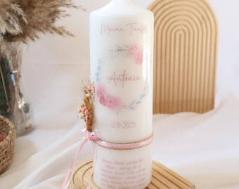 Personalized christening candle with flower wreath, christening candle for boy/girl, christening gift idea, Holy Baptism, christening candle with dried flowers