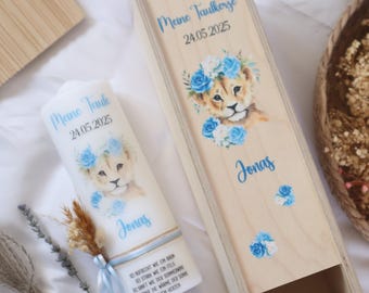 Candela per battesimo personalizzata con disegno di leone, candela per battesimo per un bambino, candela per battesimo, idea regalo per battesimo, battesimo sacro, candela per battesimo con fiori secchi